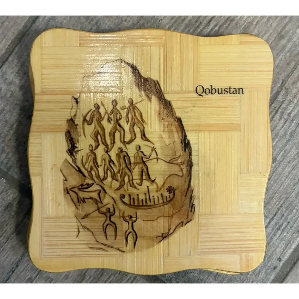 Vintage Azerbaijan Historic Landmarks Bamboo Coaster Set of 6 with Holder Baku